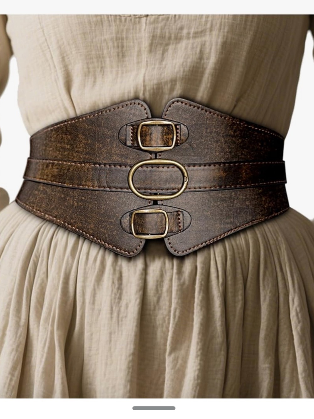 Vintage Brown Leather Wide Belt with Antique Brass Buckles
